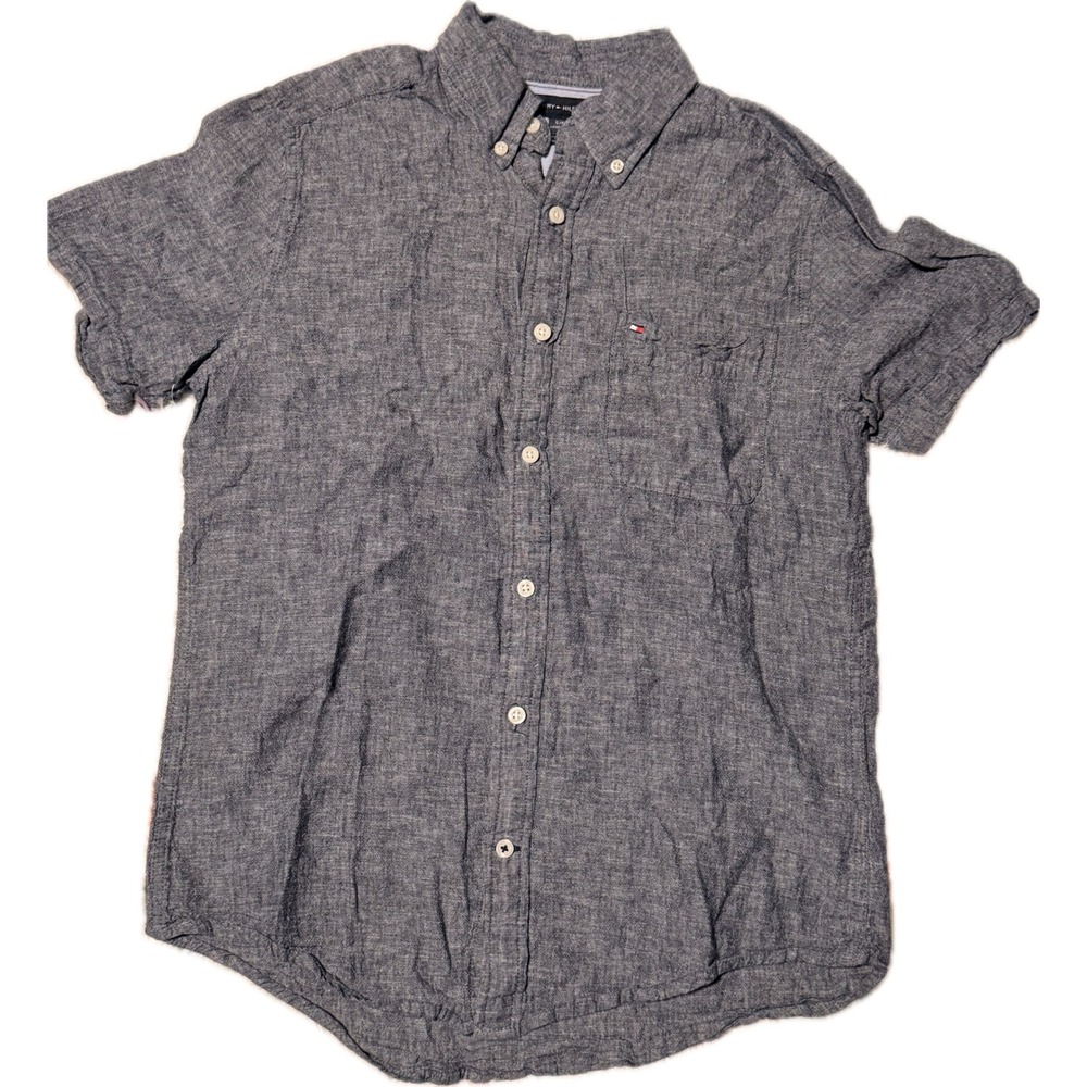 Tommy Hilfiger Mens Small Custom Fit Linen Blend Short Sleeve Button Down Shirt